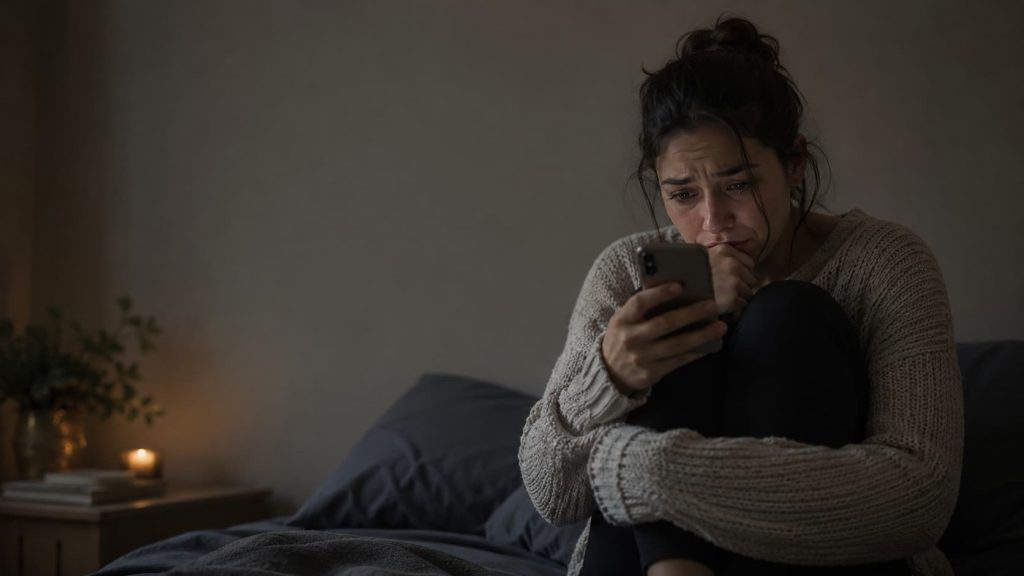 Show Image Alt text: anxious attachment style sign of checking phone for reassurance