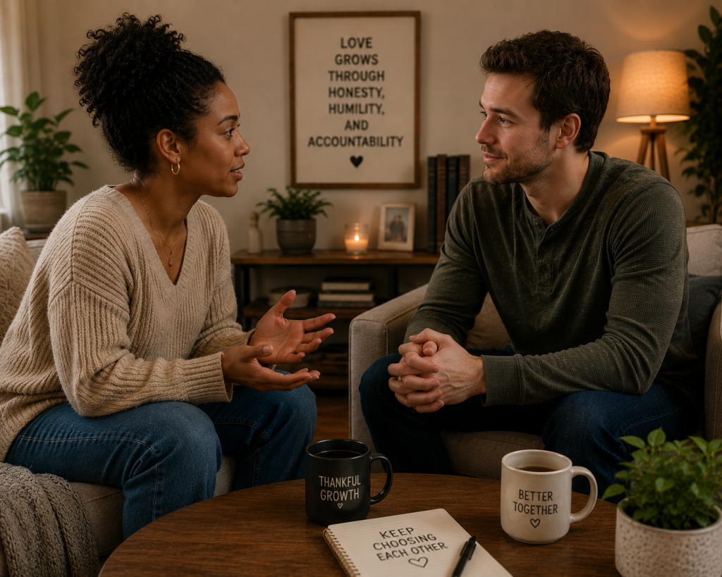 Person listening with open posture, modeling teachability and accountability in love