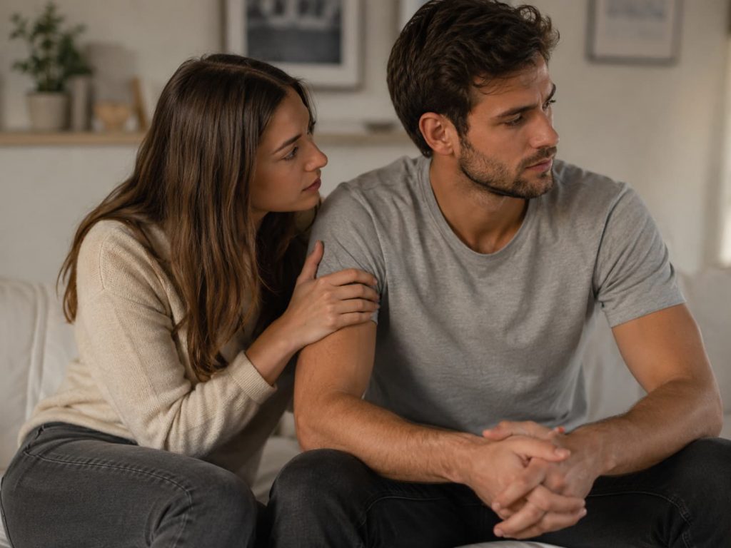 couple sitting together with one person leaning toward the other who looks away, representing the anxious-avoidant dynamic that frequently develops when anxious attachment meets avoidant attachment