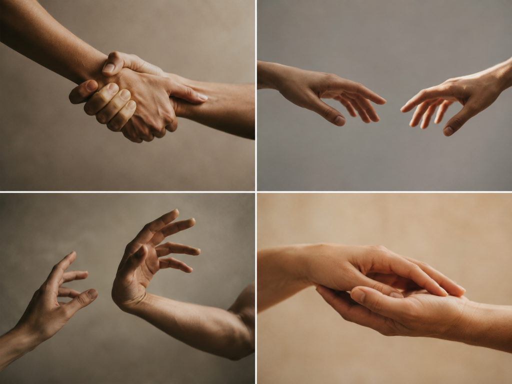 attachment styles — four pairs of hands relating in different ways, representing anxious, avoidant, disorganized, and secure patterns