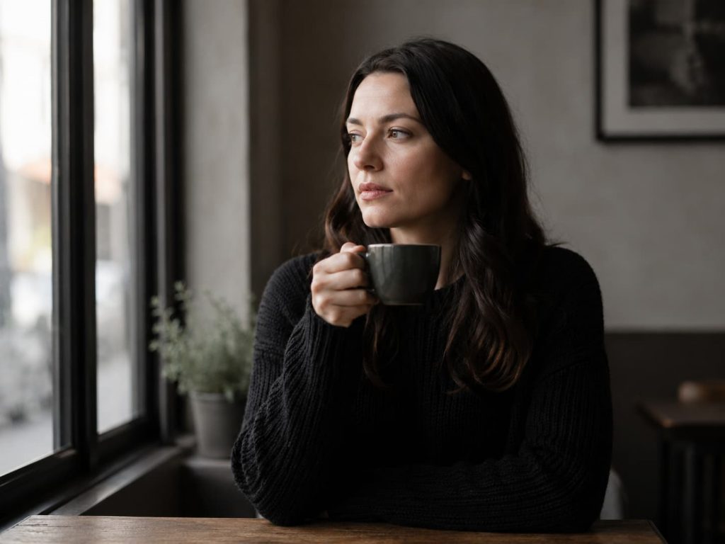 person sitting alone at a table near a window, cup of coffee in hand, looking composed but emotionally distant, representing the self-sufficient exterior of avoidant attachment