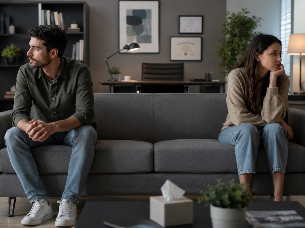 two people sitting on opposite ends of a couch, not looking at each other, representing the emotional distance that avoidant attachment creates in close relationships