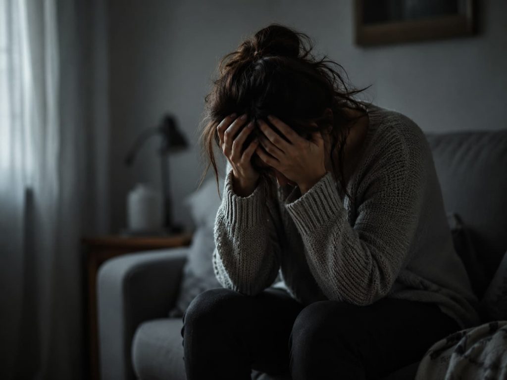 person sitting alone with head in hands, overwhelmed, representing the experience of emotional flooding shutting down rational thought