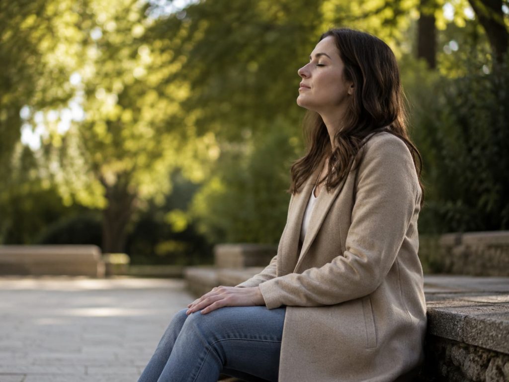 person sitting quietly outdoors, breathing slowly, recovering from emotional flooding before returning to a difficult conversation
