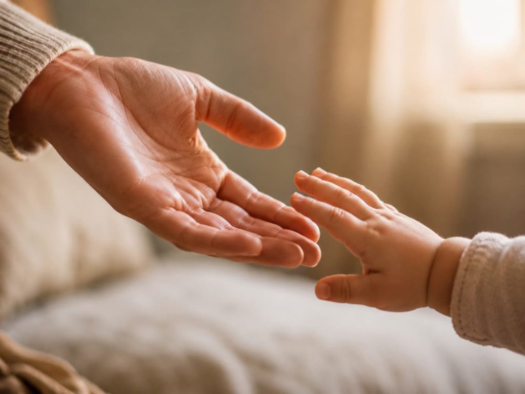 adult hand reaching toward a small child's hand, representing the early relational experiences that shape emotional regulation capacity