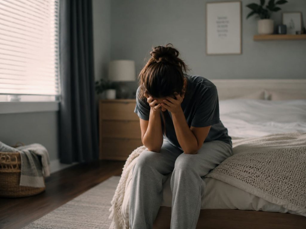 person sitting at the edge of a bed, head bowed, representing the exhaustion of emotional dysregulation and the longing for something different