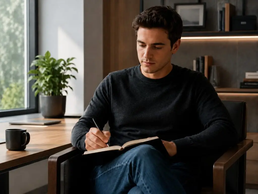 person sitting in a chair with a journal open, writing, representing the practice of processing anger before responding