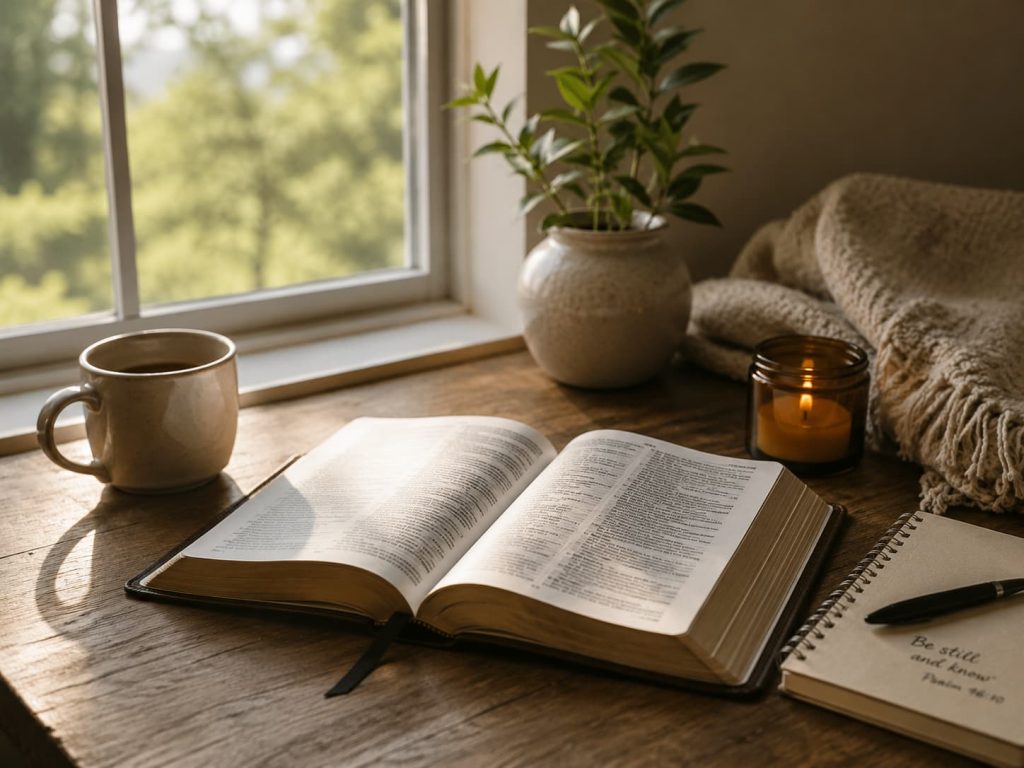 open Bible resting on a table beside a quiet window, representing the intersection of Scripture and nervous system regulation