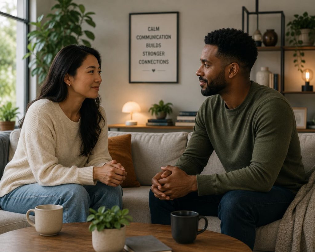 two people sitting across from each other in a calm conversation, representing the result of learning how to stop being reactive in relationships