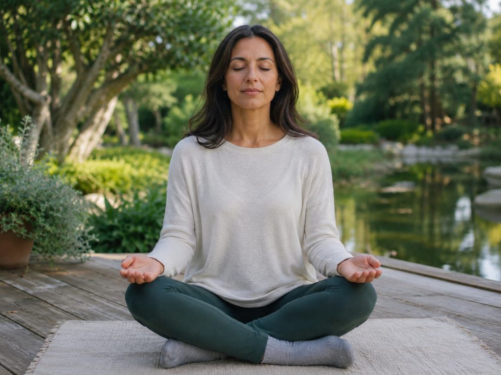 person sitting in quiet stillness outdoors, hands resting open, representing a regulated nervous system at rest