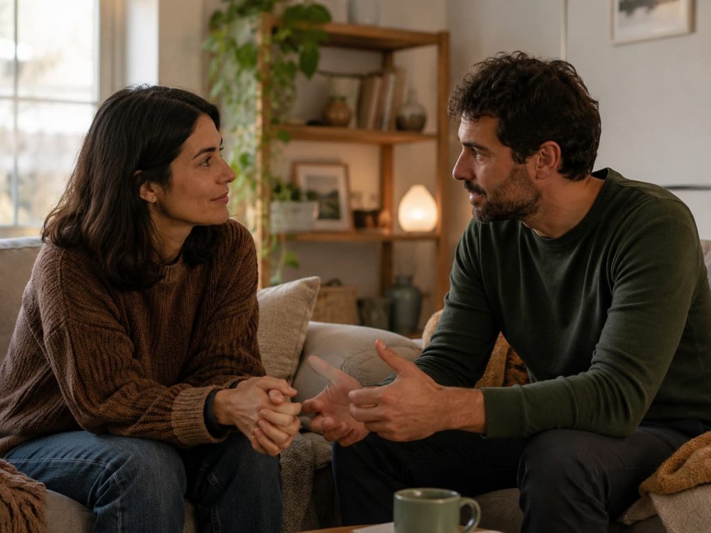 Two people sitting together in honest conversation representing earned secure attachment and healing