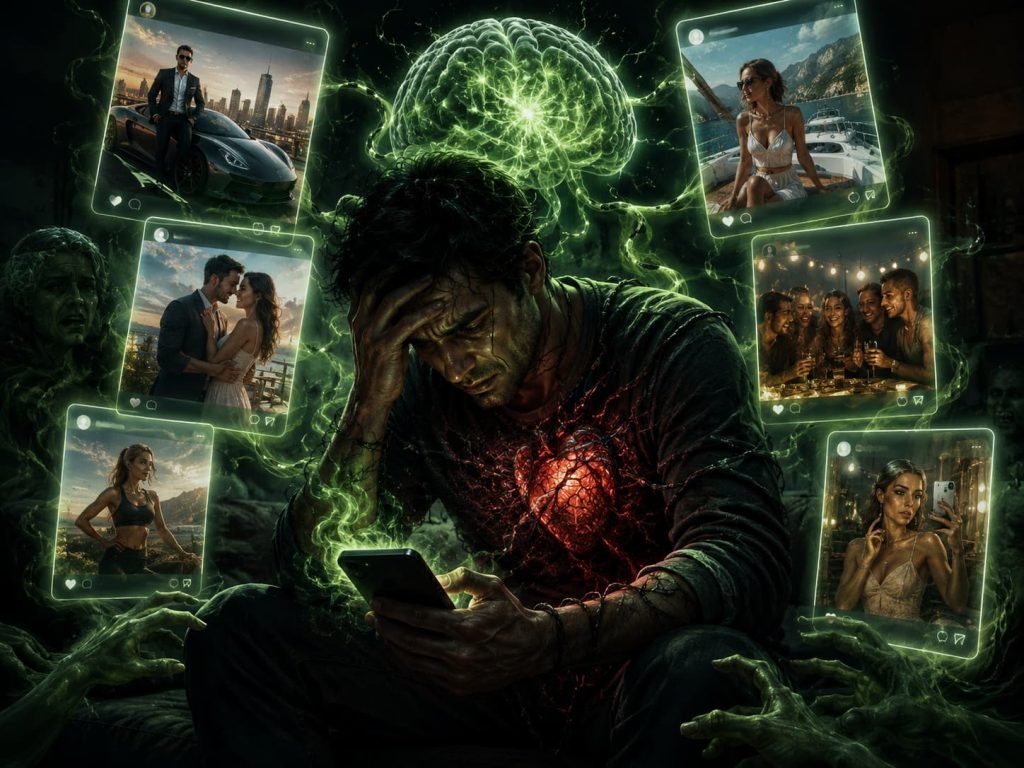 Person comparing themselves to others on social media, illustrating how envy among the seven deadly sins fuels chronic stress