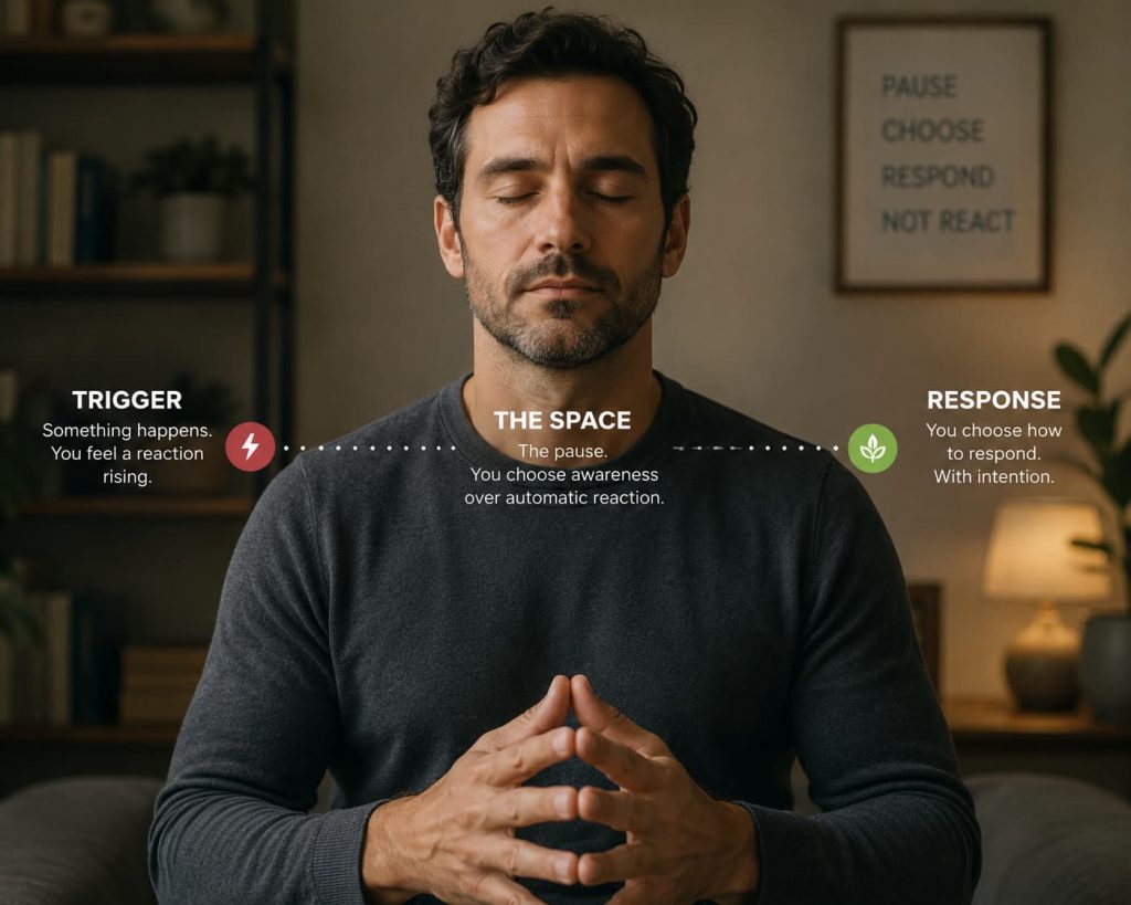man pausing with eyes closed, hands steady, representing the moment between trigger and response when practicing how to stop being reactive