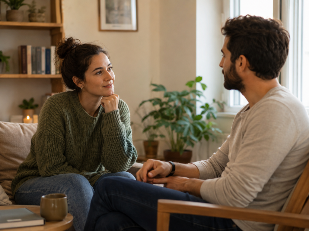 secure attachment style — two people in calm, trusting conversation, at ease with closeness