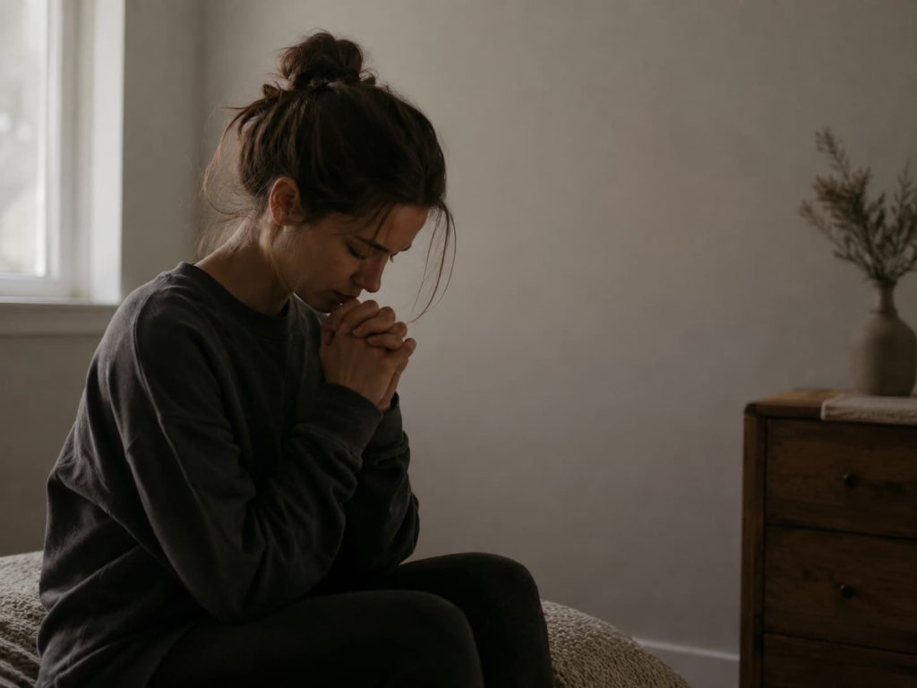 person sitting alone in a quiet room with hands folded, head bowed, expression of longing mixed with uncertainty, representing the internal experience of seeking connection with God through the lens of an insecure attachment styles and faith