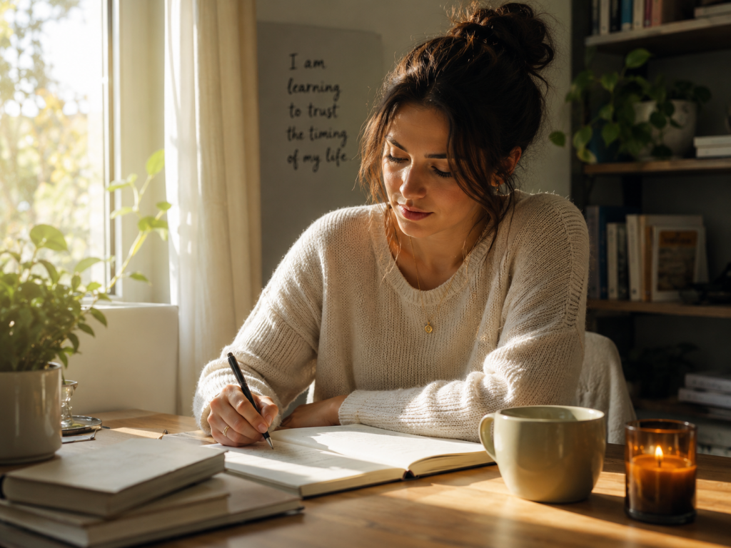 person sitting at a desk writing in a journal with morning light coming through the window, representing the intentional inner work that begins how to heal anxious attachment