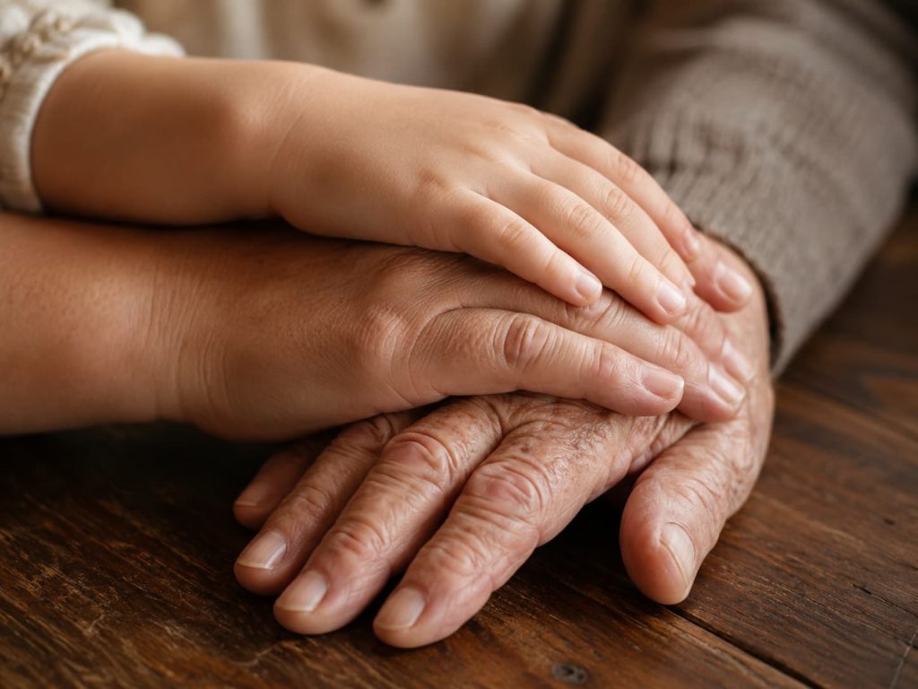 hands of three different generations placed together, one on top of the other, representing both the weight of inheritance and the possibility of intentional change in a family line of breaking generational patterns
