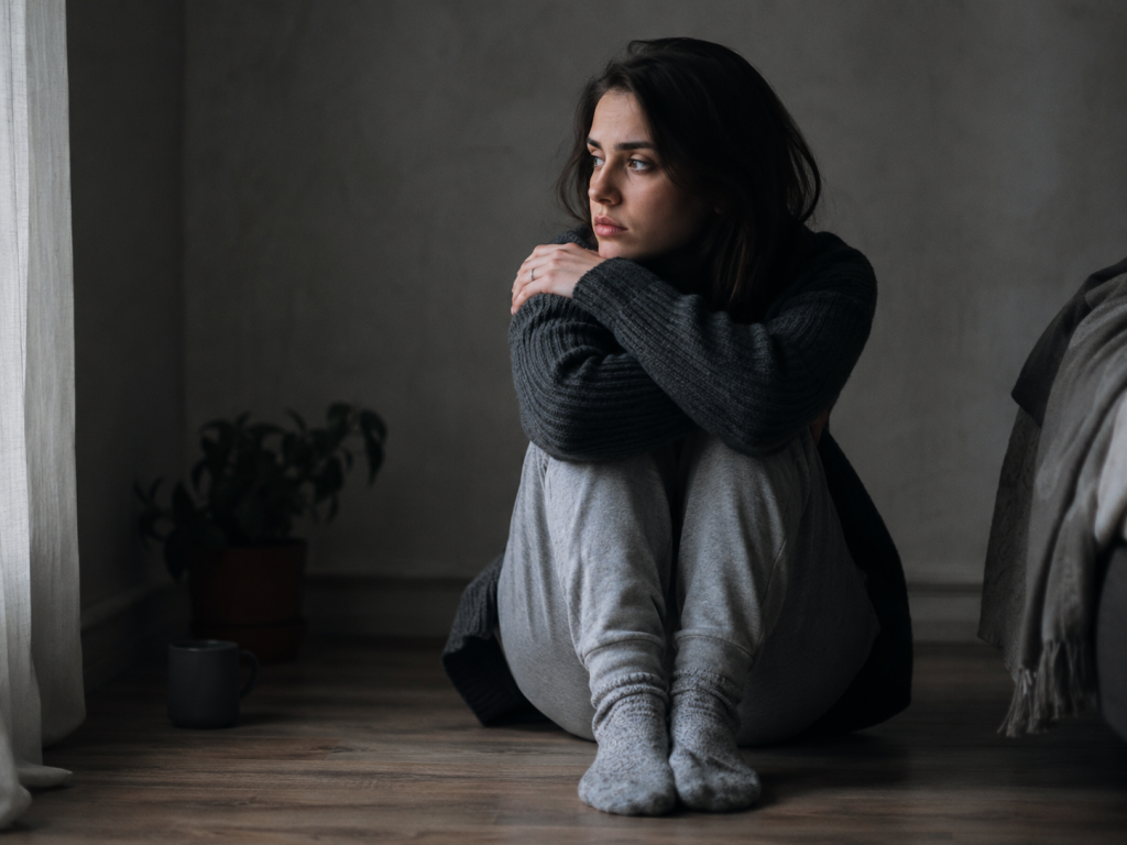 person standing in a hallway looking through a doorway at light beyond, one hand on the wall, representing the simultaneous longing for and fear of connection that characterizes disorganized attachment