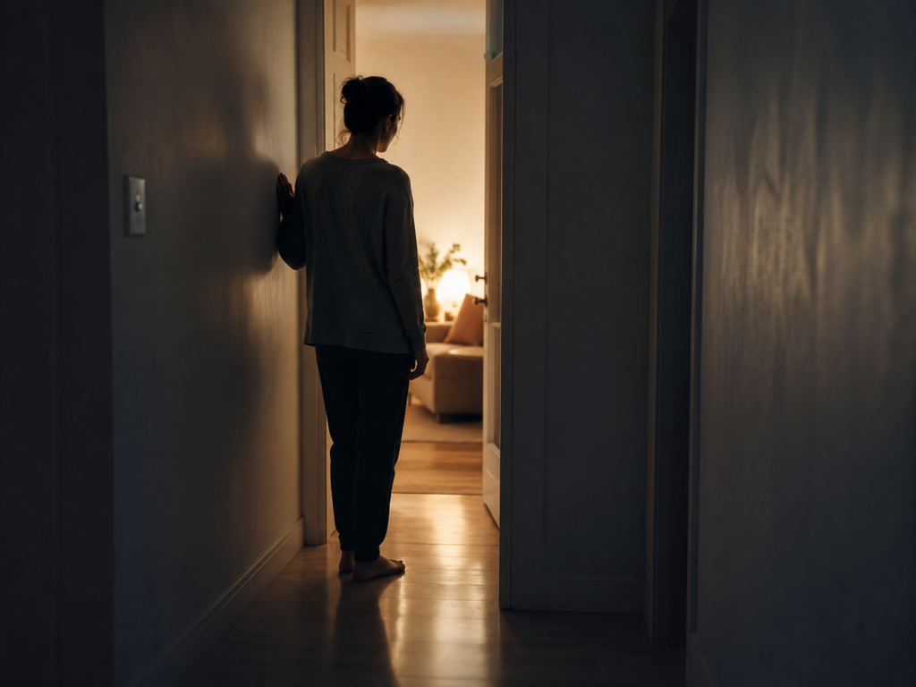 person standing in a hallway looking through a doorway at light beyond, one hand on the wall, representing the simultaneous longing for and fear of connection that characterizes disorganized attachment