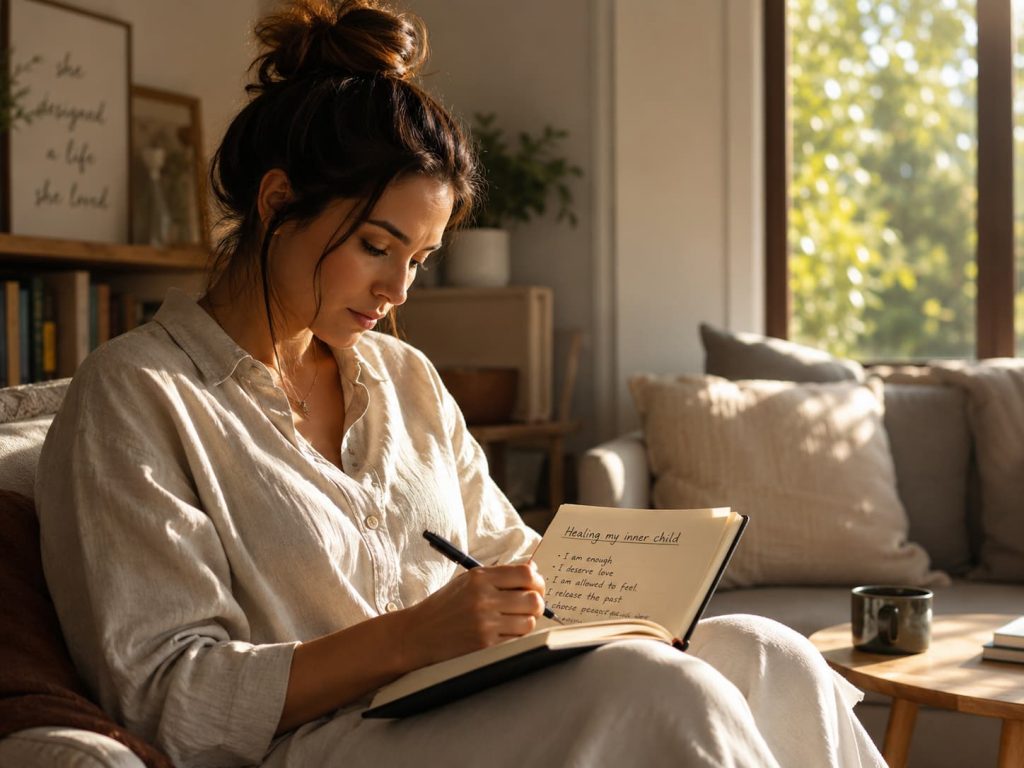 person sitting in a sunlit room with a journal open in their lap, pen in hand, expression focused and reflective, representing the intentional inner work of healing your inner child wounds