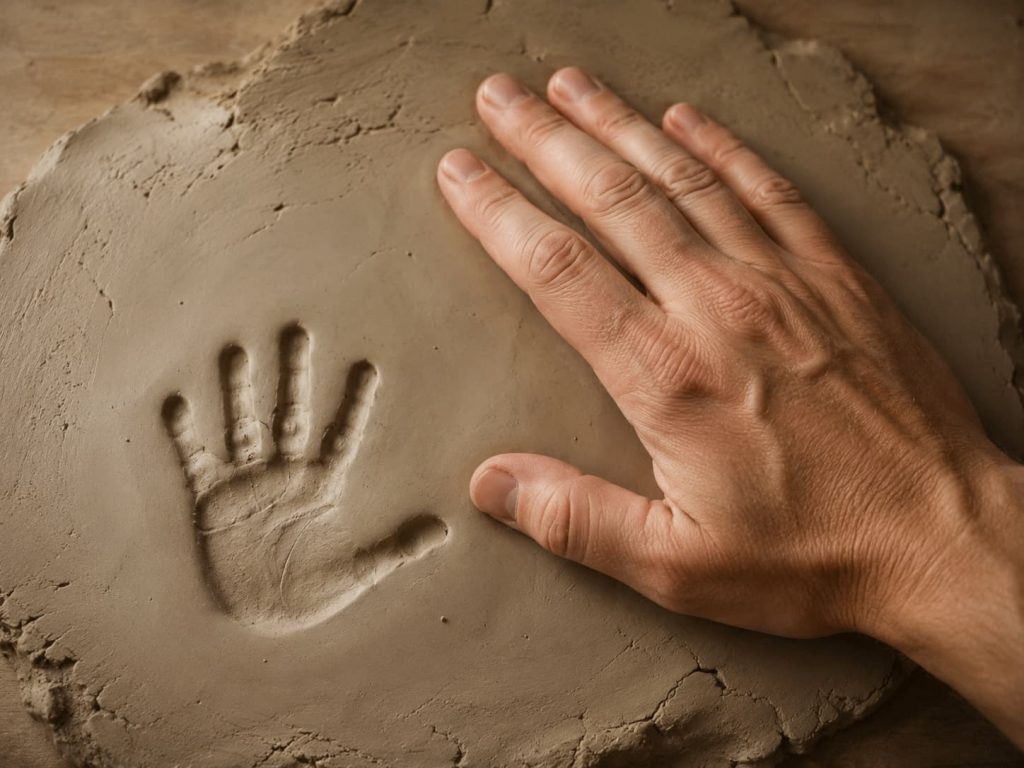 child's handprint pressed into soft clay beside an adult hand, representing the connection between early experience and present-day patterns in inner child healing