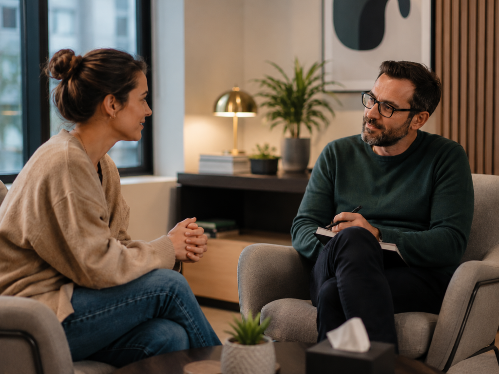 two people sitting across from each other in conversation, both present and attentive, representing the safe relational experience that rewires anxious attachment