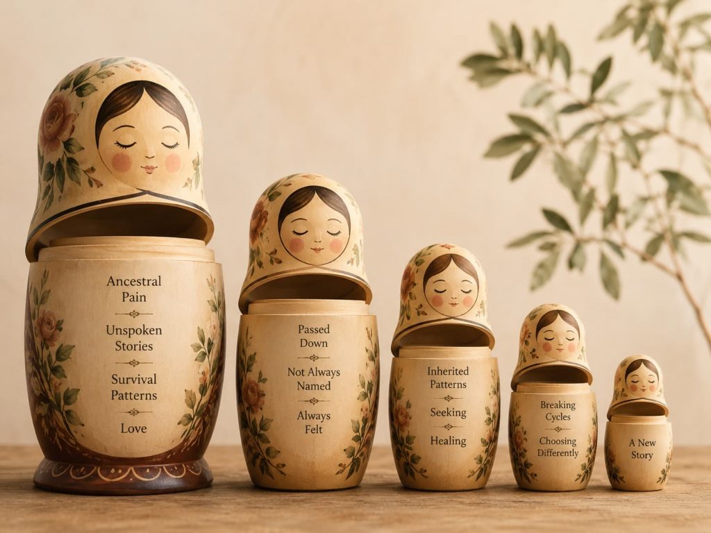 a row of nesting dolls decreasing in size, each one inside the other, representing the way patterns and wounds pass from generation to generation in family systems