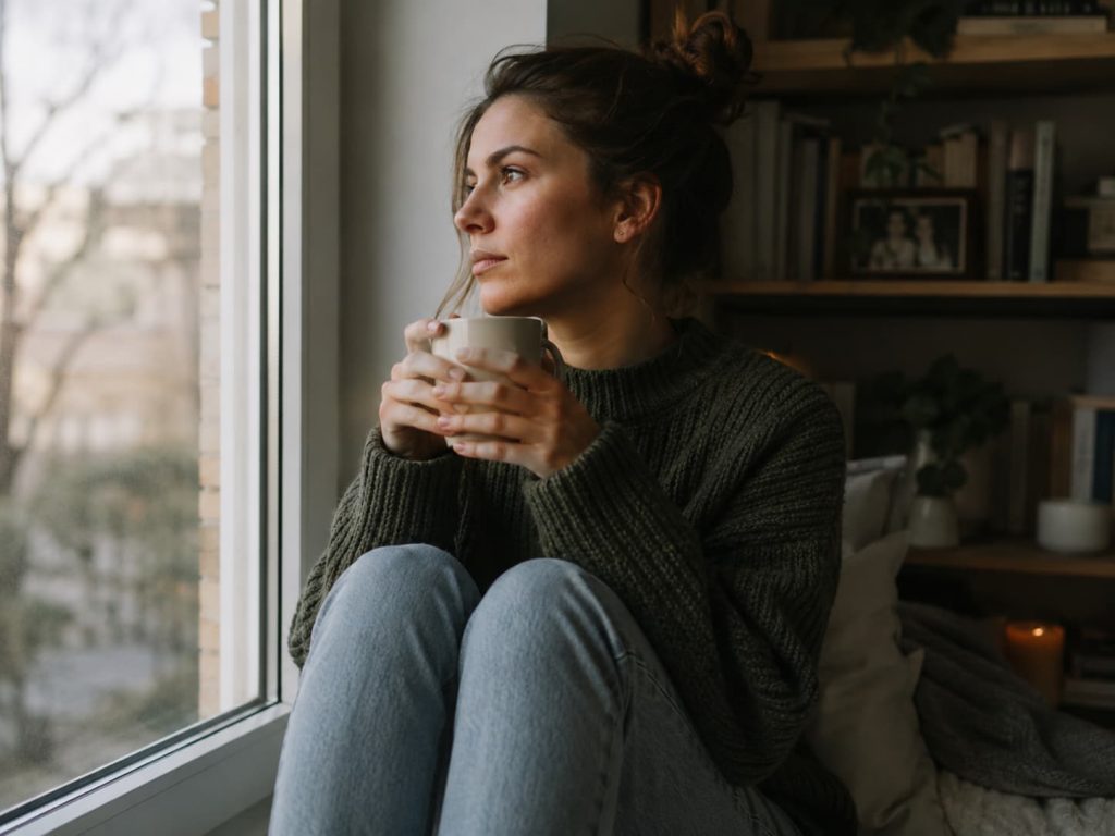 person sitting near a window in soft morning light, hands wrapped around a mug, expression thoughtful and inward, representing the quiet inner work of understanding attachment wounds