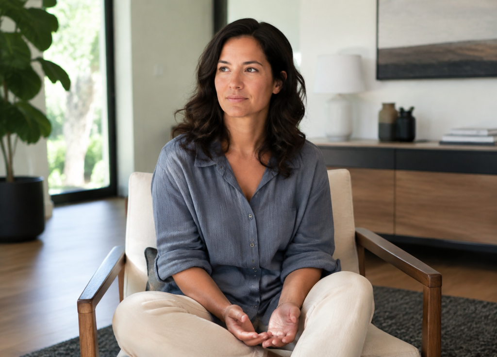 Person sitting calmly with open hands, benefiting from Christian therapy for anxiety