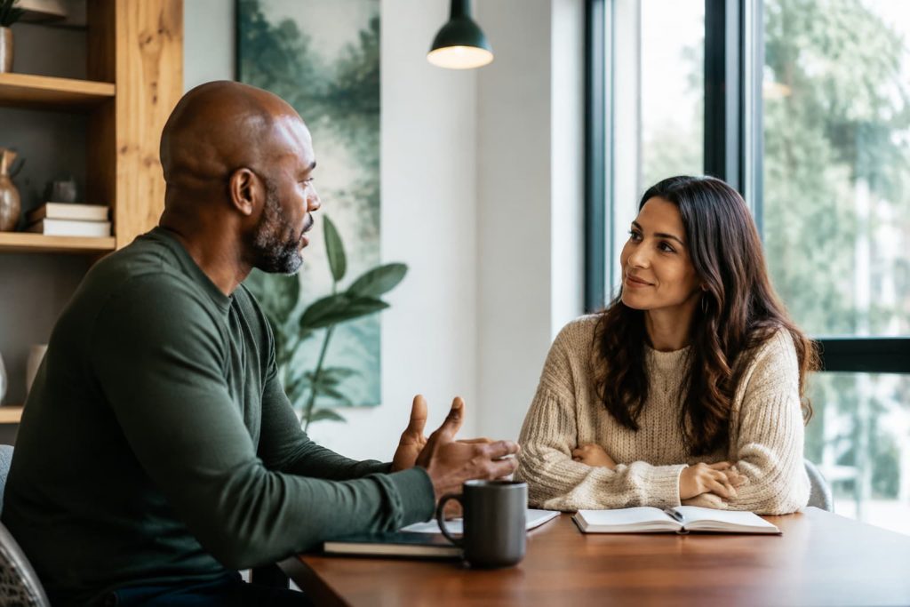 two people in an intentional conversation at a table near a window with natural light, one listening attentively, representing the focused relational dynamic of spiritual life coaching